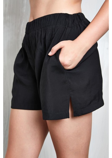 Siyah Modal Kumaş Oversize Gömlek/şort Alt-Üst Takım 27376