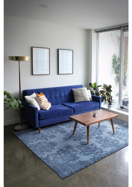 Belfast Klasik Mavi Polyester Kare Modern Desenli Pamuk Makinada Yıkanabilir Hav Toz Vermez Leke Tutmayan Kaymaz Taban Dijital Makine Baskı Salon Yolluk Mutfak Halı fiyatları