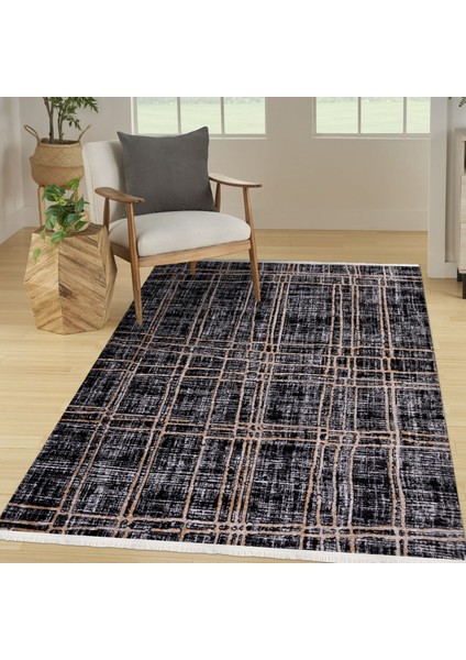 Siyah Modern Etnik Desenli Mikro Hav Vermeyen Leke Tutmayan Kolay Temizlenen Yumuşak Makine Salon Yolluk Mutfak Halı indirimleri