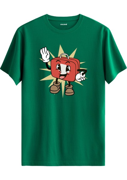 Retro Çizgi Karakterli Valiz Tasarımlı Eğlenceli Sokak Modası Pamuk Tişört