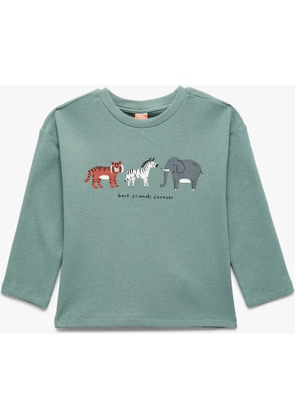 Pamuklu Hayvan Baskılı Bisiklet Yaka Uzun Kollu Tişört