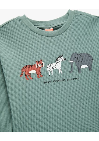 Pamuklu Hayvan Baskılı Bisiklet Yaka Uzun Kollu Tişört modelleri