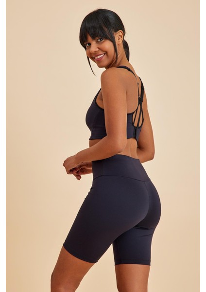 Sportive Siyah Yüksek Bel Toparlayıcı Kısa Şort Spor Taytı