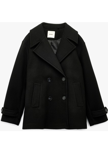 Cepli Düğmeli Kruvaze Uzun Kollu Kısa Kaşe Kaban