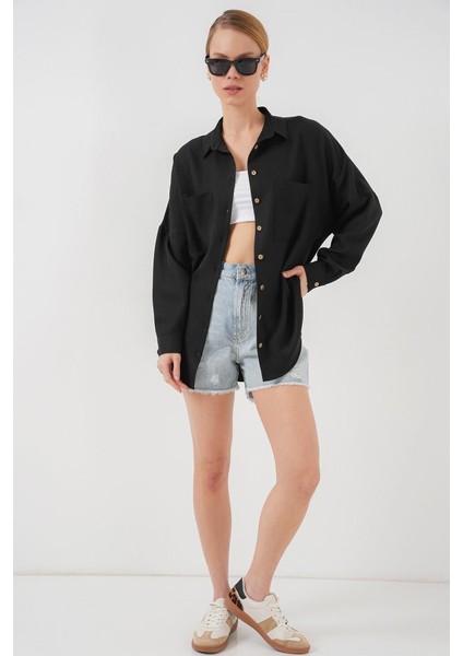 20126 Oversize Keten Gömlek - Siyah fiyatları