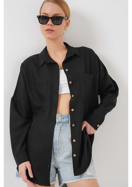 20126 Oversize Keten Gömlek - Siyah fırsatları