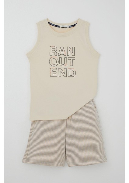 Erkek Çocuk Şortlu Takım Sıfır Kollu Yazı Baskılı Bağcık Aksesuarlı 8-14 Yaş, Krem