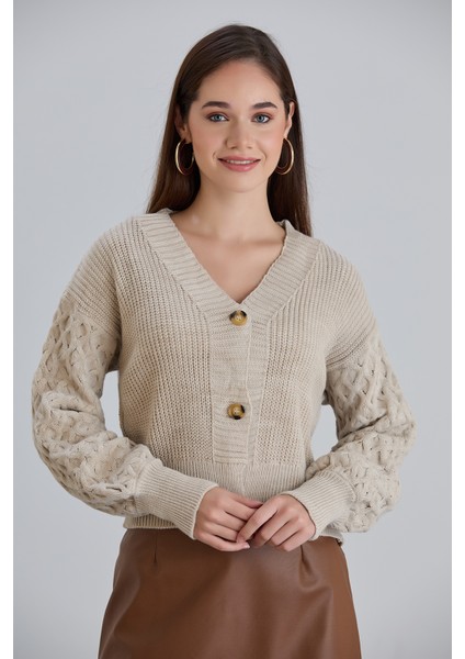 Kadın Balon Kol Örgü Desenli Crop Triko Hırka