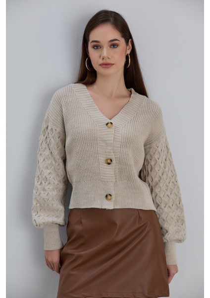 Kadın Balon Kol Örgü Desenli Crop Triko Hırka fiyatları