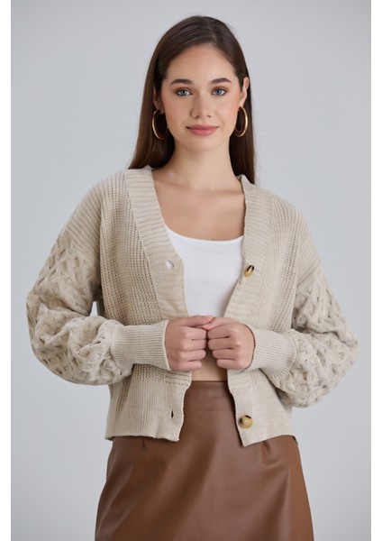 Kadın Balon Kol Örgü Desenli Crop Triko Hırka indirimleri