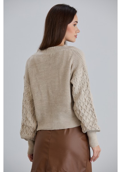 Kadın Balon Kol Örgü Desenli Crop Triko Hırka