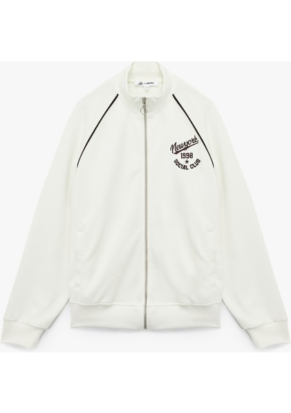 Şardonlu Uzun Kollu Dik Yaka Baskılı Fermuarlı Sweatshirt