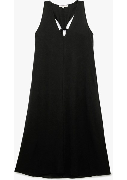 Aerobin Kumaş V Yaka Kolsuz Pencere Detaylı Midi Boy Kloş Elbise modelleri