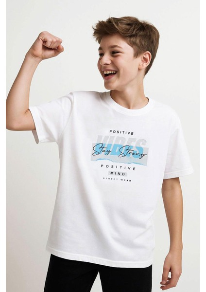 Erkek Çocuk Tişört Motivasyon Temalı & Sırt Kısmı Yazı Baskı Detaylı 9-16 Yaş, Beyaz