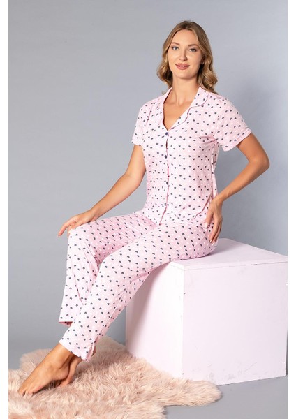Boydan Düğmeli Kısa Kollu Gömlek Pijama Takımı - Yazlık Kalp Desenli Yumuşak Milan Kumaş - Poppy 58-08