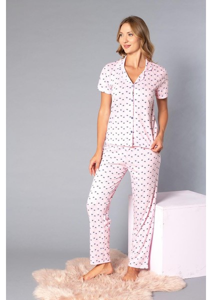 Boydan Düğmeli Kısa Kollu Gömlek Pijama Takımı - Yazlık Kalp Desenli Yumuşak Milan Kumaş - Poppy 58-08 fiyatları