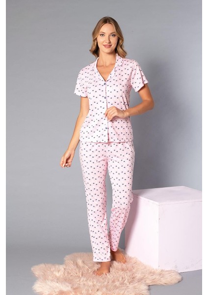 Boydan Düğmeli Kısa Kollu Gömlek Pijama Takımı - Yazlık Kalp Desenli Yumuşak Milan Kumaş - Poppy 58-08 modelleri