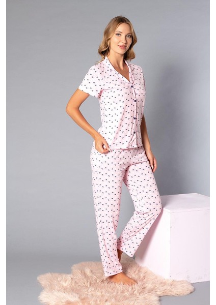 Boydan Düğmeli Kısa Kollu Gömlek Pijama Takımı - Yazlık Kalp Desenli Yumuşak Milan Kumaş - Poppy 58-08 fırsatları