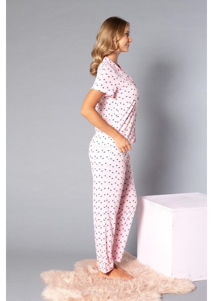 Boydan Düğmeli Kısa Kollu Gömlek Pijama Takımı - Yazlık Kalp Desenli Yumuşak Milan Kumaş - Poppy 58-08 indirimleri