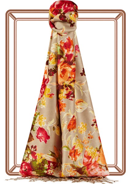 Ipekevi Gül Bahçesi Desenli Ipek Şal-Bej