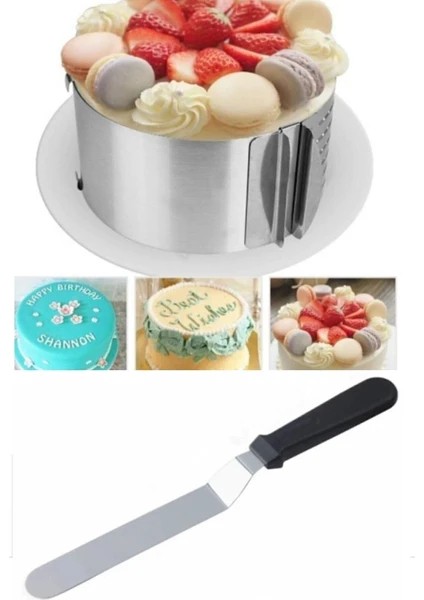 Paslanmaz Yuvarlak Ayarlanabilir Kek ve Pasta Çemberi ile Spatula Seti