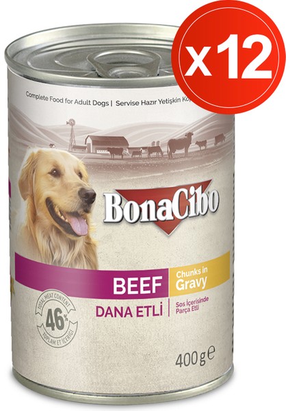 Soslu Dana Etli Yaş Köpek Maması, 400 gr x 12 Adet, Tüm Irklar Için, Doğal, Şeker Içermez