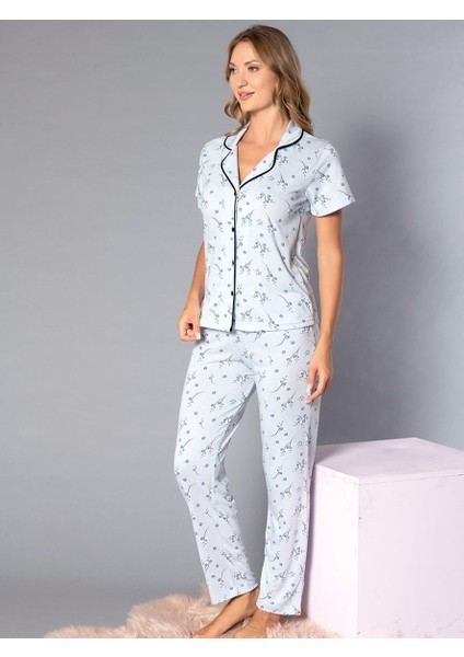 Boydan Düğmeli Kısa Kollu Gömlek Pijama Takımı - Yazlık Çiçek Desenli Yumuşak Milan Kumaş - Poppy 58-09 modelleri