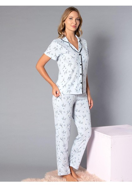 Boydan Düğmeli Kısa Kollu Gömlek Pijama Takımı - Yazlık Çiçek Desenli Yumuşak Milan Kumaş - Poppy 58-09 fırsatları