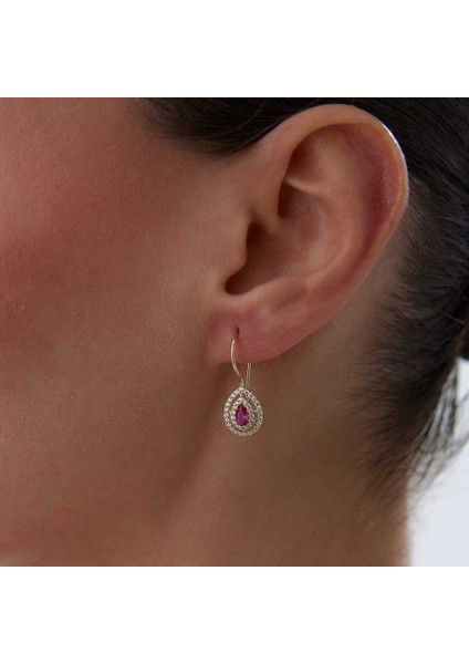 Pembe Taşlı Damla Sallantılı Küpe