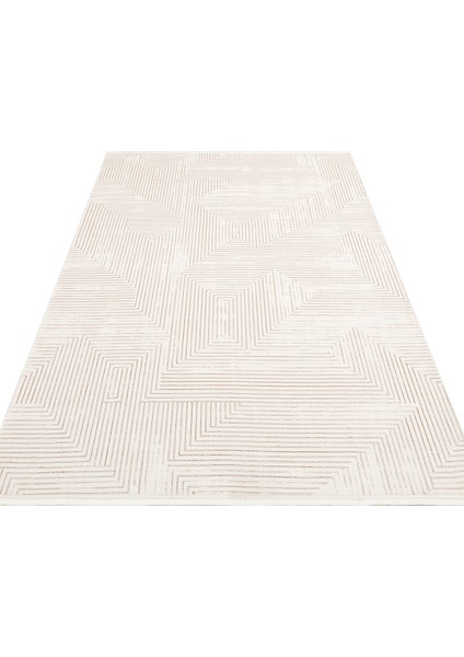 Ganges Krem Geometrik Etnik Modern Desenli Akrilik Hav Vermeyen Leke Tutmayan Kolay Temizlenen Yumuşak Makine Salon Yolluk Mutfak Halı