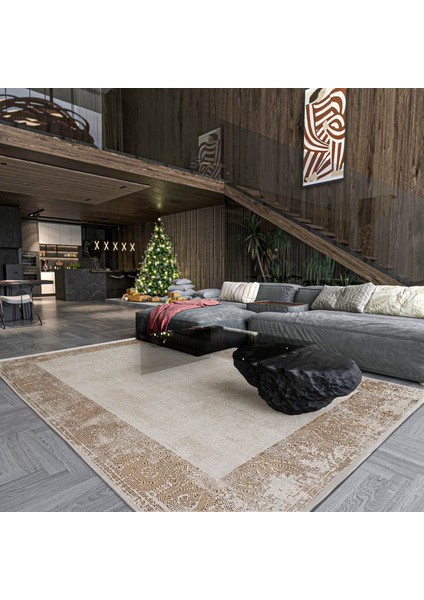 Bej Çerçeveli Etnik Modern Desenli Pamuk Makinada Yıkanabilir Hav Toz Vermez Leke Tutmayan Kaymaz Taban Dijital Makine Baskı Salon Yolluk Mutfak Halı modelleri