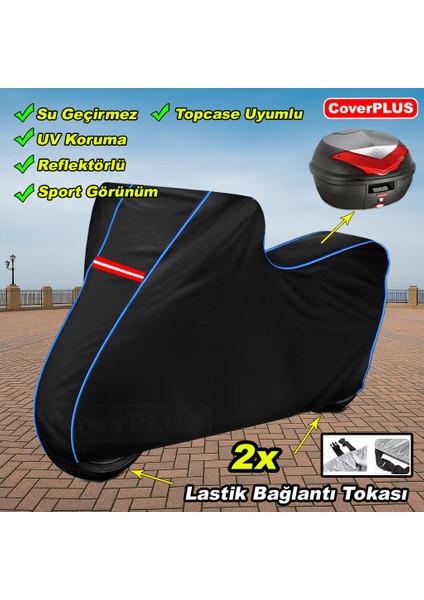 Motolux Africa Wolf Pro Arka Çanta Uyumlu Branda Siyah Mavi-Dikişli Reflektörlü Motosiket Brandası Motor Örtüsü Çadır Su Geçirmez Motosiklet Kılıfı Motor Brandası