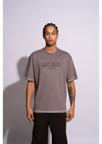 Erkek Oversize T-Shirt L'art Gri indirimleri