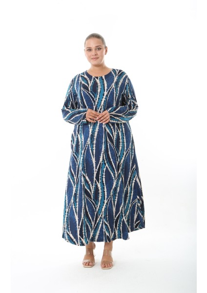 Kadın Likralı Viskon Kumaş Mavi Desenli Büyük Beden Elbise