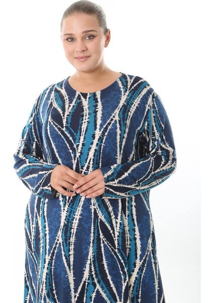 Kadın Likralı Viskon Kumaş Mavi Desenli Büyük Beden Elbise fiyatları