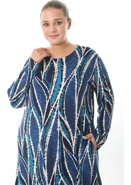 Kadın Likralı Viskon Kumaş Mavi Desenli Büyük Beden Elbise modelleri