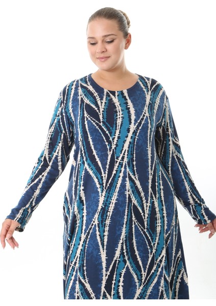 Kadın Likralı Viskon Kumaş Mavi Desenli Büyük Beden Elbise indirimleri