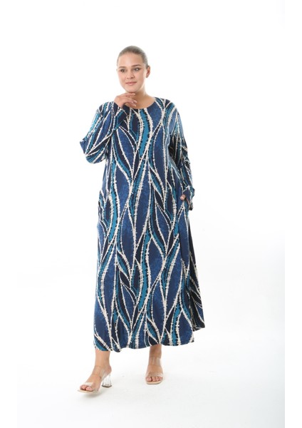 Kadın Likralı Viskon Kumaş Mavi Desenli Büyük Beden Elbise