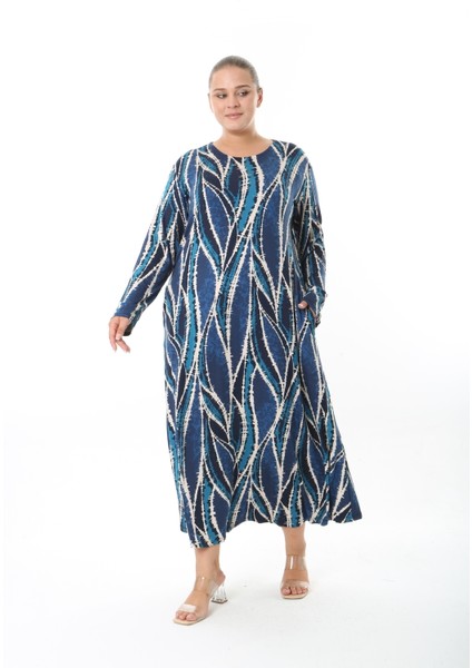 Kadın Likralı Viskon Kumaş Mavi Desenli Büyük Beden Elbise
