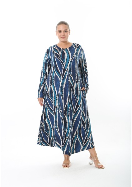 Kadın Likralı Viskon Kumaş Mavi Desenli Büyük Beden Elbise