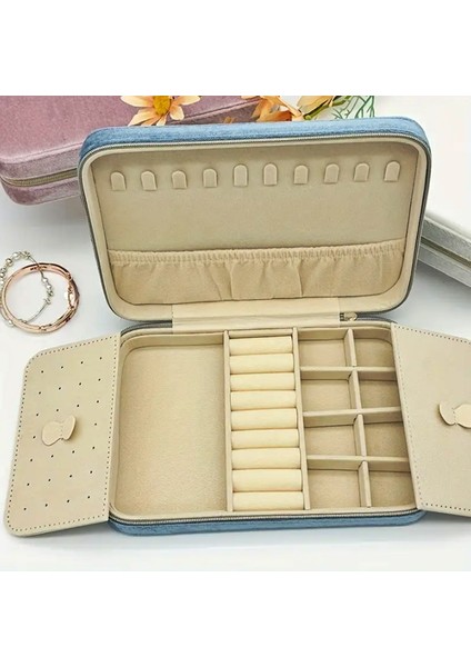 Kadife Takı Kutusu - Fermuarlı Büyük Kapasiteli Özel Takı Kutusu Küpeler Kolyeler Için