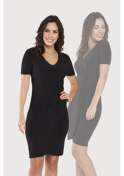 Bordo V Yaka Belde Burgu Detaylı Kruvaze Etek Elbise 24L7539