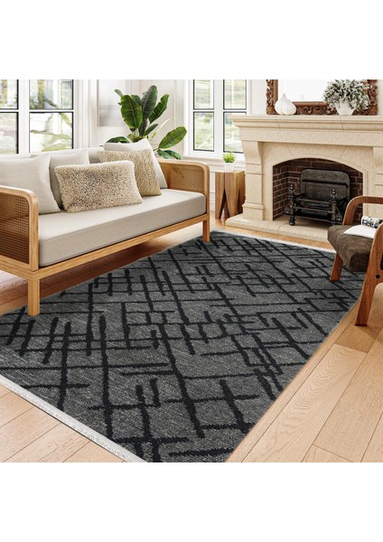 Geometrik Antrasit Pamuk Kare Modern Desenli Pamuk Makinada Yıkanabilir Hav Toz Vermez Leke Tutmayan Kaymaz Taban Dijital Makine Baskı Salon Yolluk Mutfak Halı fiyatları