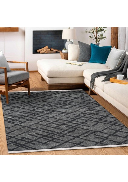 Geometrik Antrasit Pamuk Kare Modern Desenli Pamuk Makinada Yıkanabilir Hav Toz Vermez Leke Tutmayan Kaymaz Taban Dijital Makine Baskı Salon Yolluk Mutfak Halı modelleri