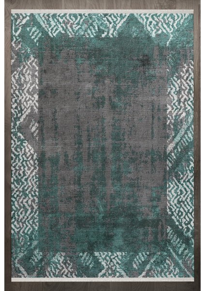 Çerçeveli Yeşil Pamuk Kare Modern Desenli Pamuk Makinada Yıkanabilir Hav Toz Vermez Leke Tutmayan Kaymaz Taban Dijital Makine Baskı Salon Yolluk Mutfak Halı