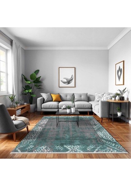 Çerçeveli Yeşil Pamuk Kare Modern Desenli Pamuk Makinada Yıkanabilir Hav Toz Vermez Leke Tutmayan Kaymaz Taban Dijital Makine Baskı Salon Yolluk Mutfak Halı modelleri