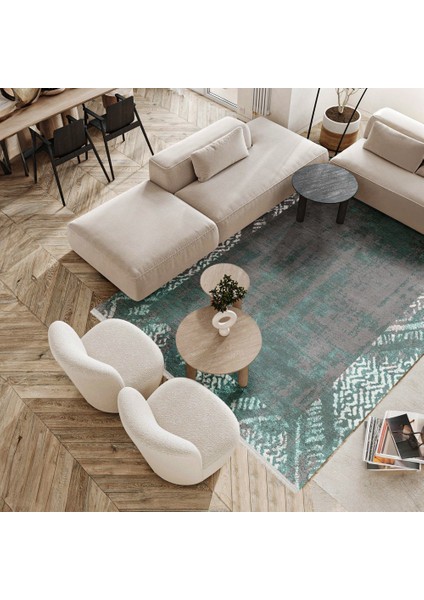 Çerçeveli Yeşil Pamuk Kare Modern Desenli Pamuk Makinada Yıkanabilir Hav Toz Vermez Leke Tutmayan Kaymaz Taban Dijital Makine Baskı Salon Yolluk Mutfak Halı fırsatları