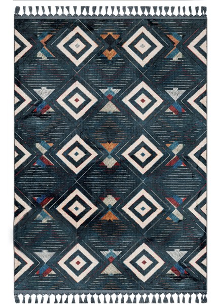 Pranvi Mavi Geometrik Etnik Modern Desenli Bambu Makinada Yıkanabilir Hav Toz Vermez Leke Tutmayan Kaymaz Taban Dijital Makine Baskı Salon Yolluk Mutfak Halı