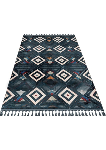 Pranvi Mavi Geometrik Etnik Modern Desenli Bambu Makinada Yıkanabilir Hav Toz Vermez Leke Tutmayan Kaymaz Taban Dijital Makine Baskı Salon Yolluk Mutfak Halı fiyatları