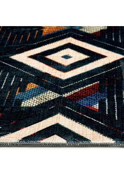 Pranvi Mavi Geometrik Etnik Modern Desenli Bambu Makinada Yıkanabilir Hav Toz Vermez Leke Tutmayan Kaymaz Taban Dijital Makine Baskı Salon Yolluk Mutfak Halı modelleri